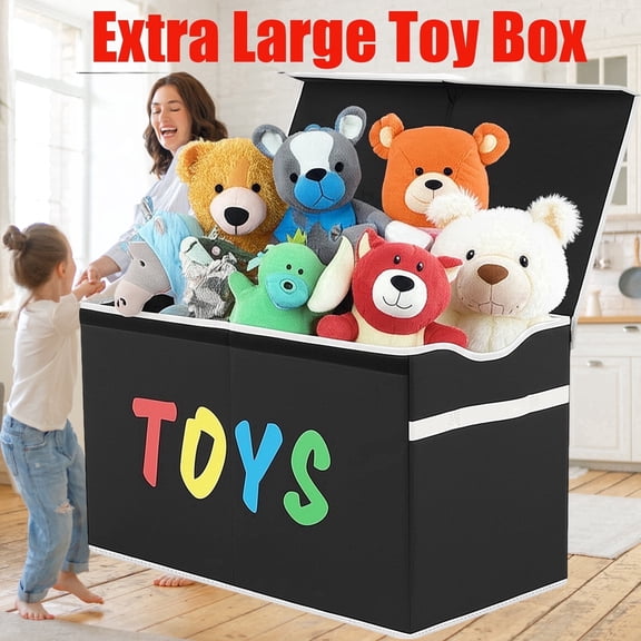 VICTORICH Foldable Toy Box Chest for Kids, 32gal Sturdy Fabric Storage Bin with Lid for Toys, Blankets and Clothes, Black