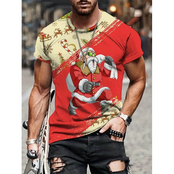 Camiseta con estampado gráfico de Papá Noel para hombre, camisetas navideñas con cuello redondo, camisetas divertidas de manga corta, camiseta de gimnasio de gran tamaño, ropa de moda para hombre