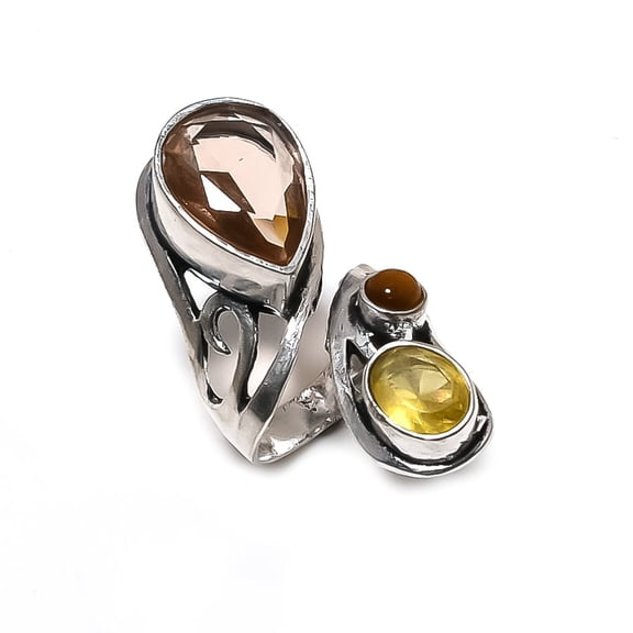 Natural Morganite, Citrine Gemstone 925 Sterling Silver Jewelry Ring Size 4