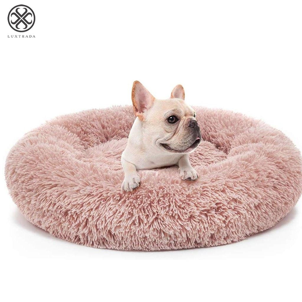 Pet Calming Bed L, Coffee Mosunx Cat and Dog Bed Luxury Shag Fuax Fur Donut Cuddler Round Donut Dog Beds Indoor Pillow Cuddler for Medium Small Dogs 