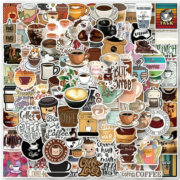 CCOCC Coffee Stickers | 100 Pack | Vinyl Waterproof Drink Stickers for Laptop,Bumper,Water Bottles,Computer,Phone,Hard Hat,Car Stickers and Decals for Kids,Teens,Adults