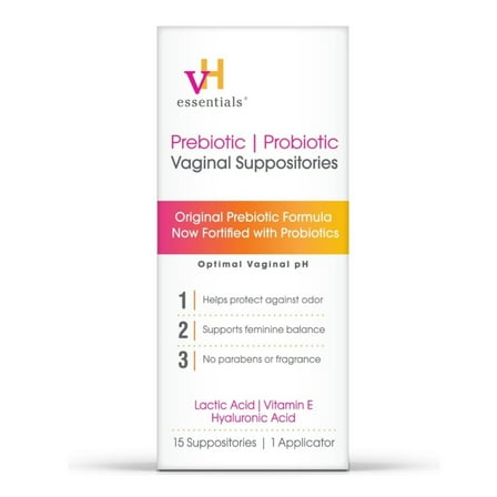 vH Essentials Prebiotic & Probiotic Vaginal Suppositories, pH Balance and Odor Control, Supports Feminine Intimate Health, 15-Count