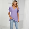 thumbnail image 3 of Defitshape Women's V Neck T Shirt Crop Top Soft Loose Short Sleeve Summer Beach Casual Fall Fashion Split Thin Tshirt Purple Large, 3 of 4