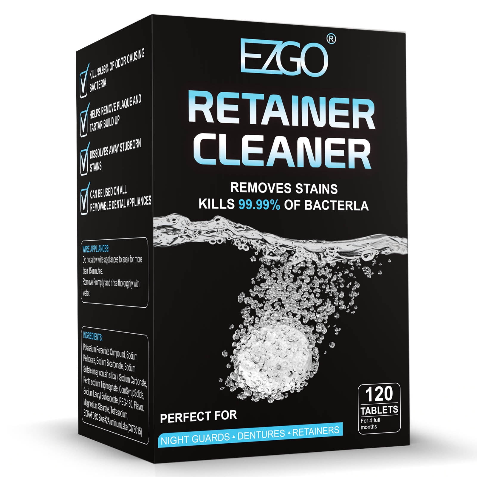 EZGO 120PC  Retainer & Denture Cleaner Tablets in 3 Mins for Odor & Plaque