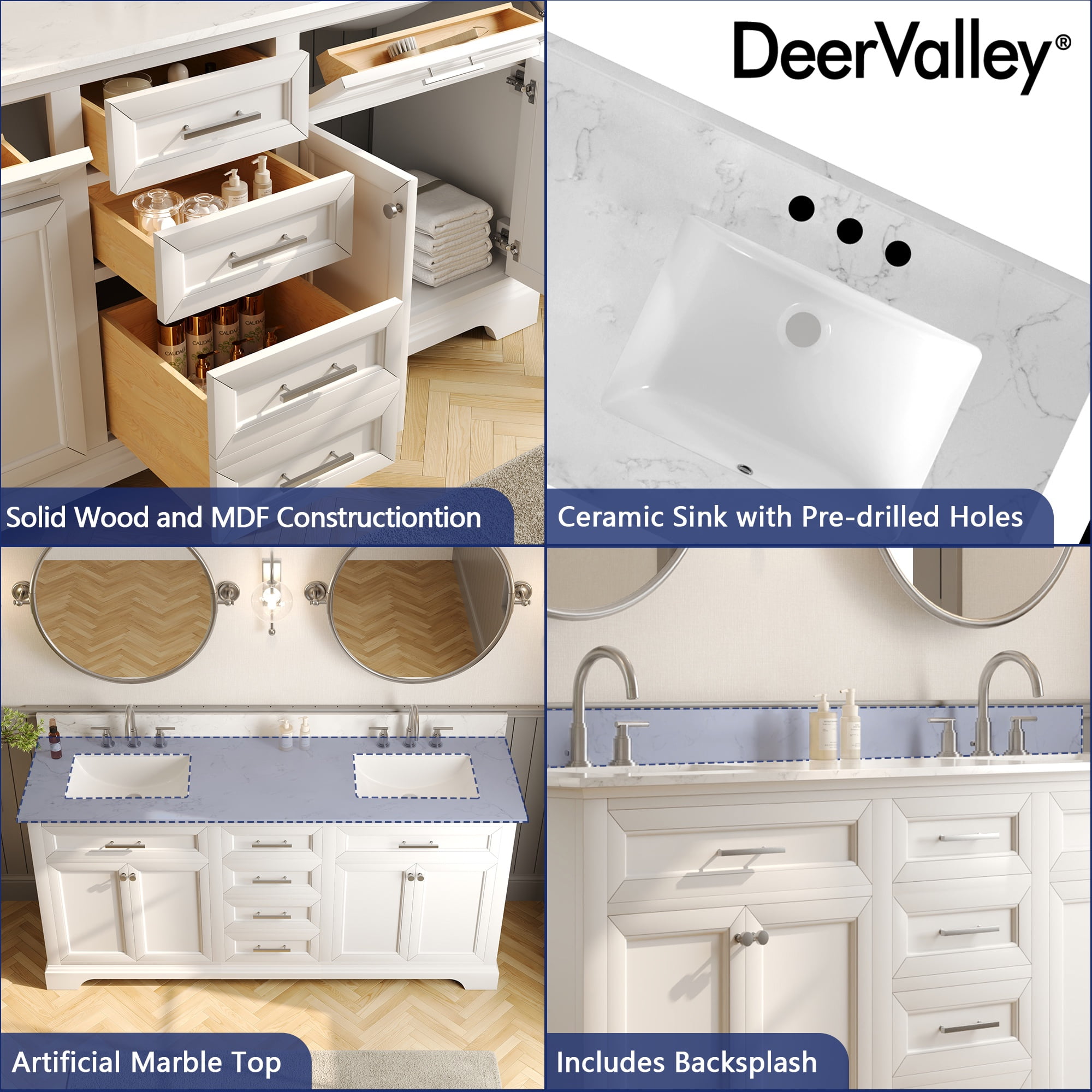 72" Bathroom Vanity Double Sink Top with Backsplash, Pre-assembled Cabinet Sink Combo White