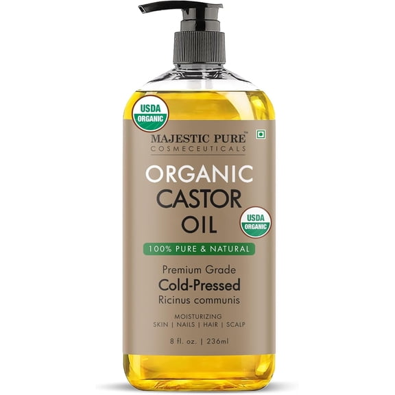 Majestic Pure USDA Organic Castor Oil | Hexane Free & 100% Pure | Cold Pressed | Stimulate Growth for Hair, Eyelashes, Eyebrows, Nails | Moisturizing & Nourishing | Body, Hair & Carrier Oil | 8 Fl Oz