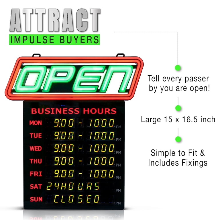 Ultima LED Neon Open Sign For Business - Horizontal With Flashing Mode, Includes Hours Sign 2 thumbnail image
