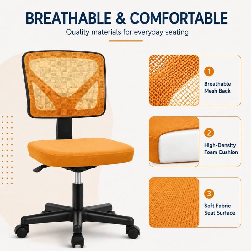 BEAUTYPEAK Desk Chair with Y-Shaped Lumbar Support Adjustable Armless Mesh Office Chair with Wheels for Home Office, Orange
