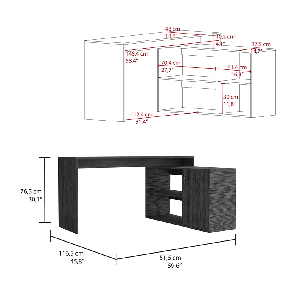59 Inch Smokey Oak L Shaped Computer Desk with Open Shelves and Cabinet