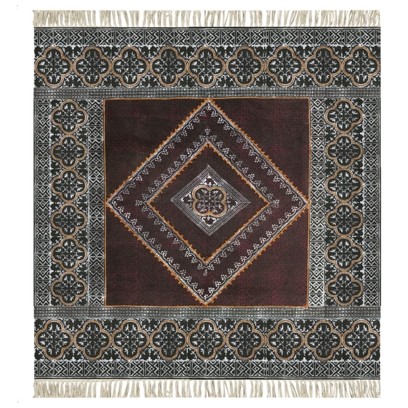 Casavani Block Printed Cotton Rug Black Square Bedroom Carpets Outdoor Patio Rug, Black 10x10 Feet