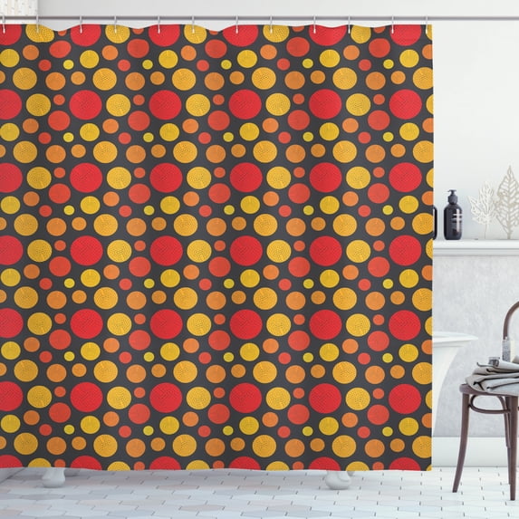 Retro Shower Curtain, Geometric Pattern of Grunge Rounds in Repetitive Irregular Sizes, Fabric Bathroom Set with Hooks, 69W X 84L Inches Extra Long, Cocoa Mustard and Burnt Sienna, by Ambesonne