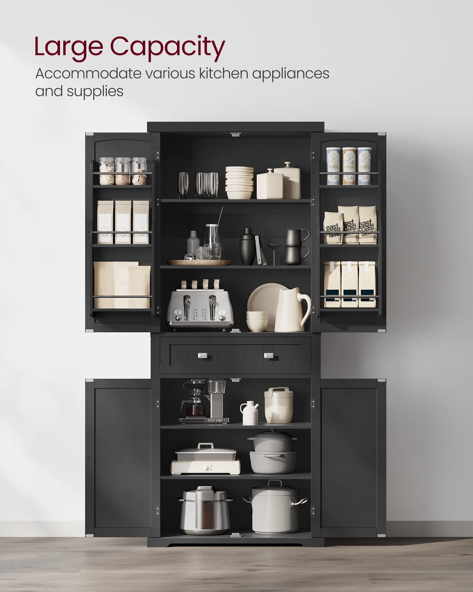 VASAGLE Pantry Cabinet, 71.7 " Kitchen Pantry Storage Cabinet Tall Freestanding Cupboard with 1 Drawer 6 Hanging Shelves for Dining Room Laundry, Black