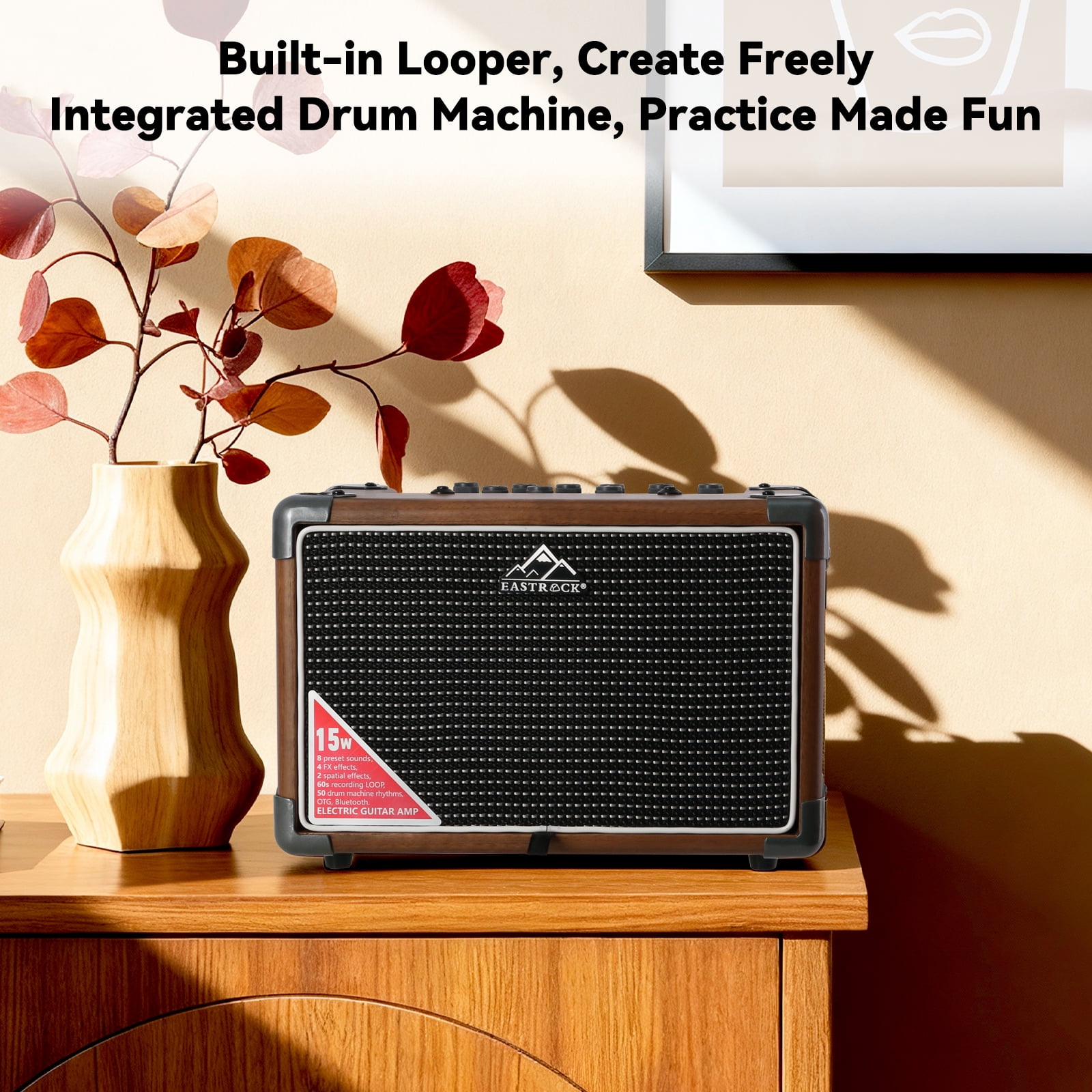 EASTROCK 15W Electric Guitar Amp, EGA-15W Portable Guitar Amplifier with Bluetooth,8 Voices, FX Effects,Built-in Looper & Drum Machine Speaker, AUX/OTG/Headphone Wood