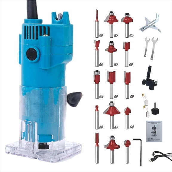 WOODUSEGY Wood Router, 800W Compact Router Tools for Woodworking, 31000 RPM Hand Trim Router with 15 Pcs 1/4" Router Bits Set, Edge Guide, Roller Guide, Dust Hood
