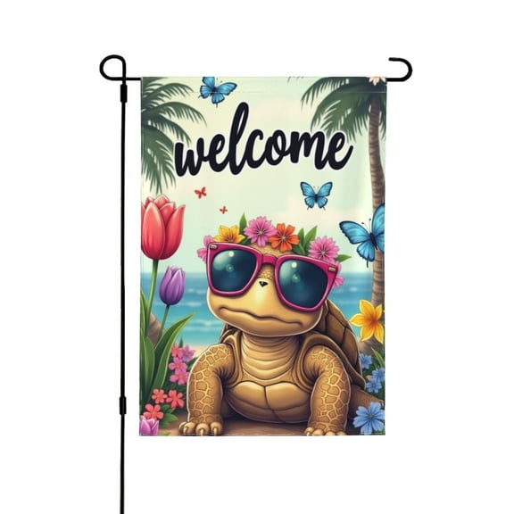 Beach Sea Turtle Garden Flag 12X18 Vertical Double Cute Turtle With Sunglasses And Flowers On Beach Sided Welcome Ocean Holiday Outside Decorations Yard Flag Mother's Day Father's Day