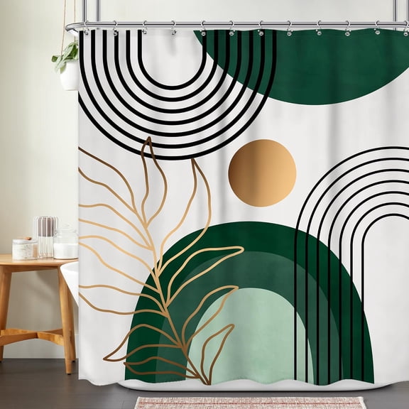 Green Chic Mid Century Abstract Shower Curtain 72Wx72L Inch Boho Arch Sun Gold Leaves Minimalist Modern Geometric Shower Curtain Bathroom Set Neutral Bath Curtain Bathtub Accessories Home Decor