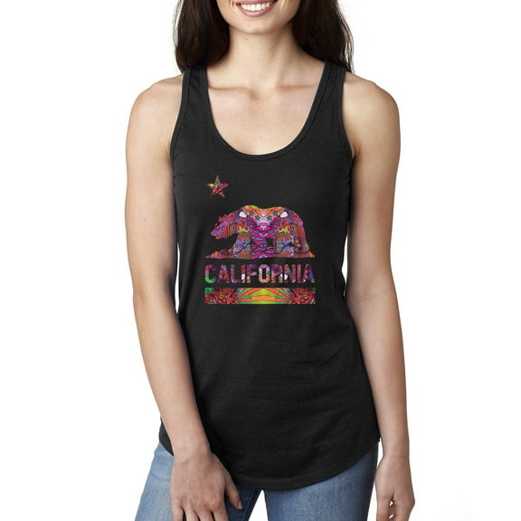 California Republic Bear Logo Retro Mandala Mosaic Animal Lover Ladies Racerback Tank Top, Black, Small