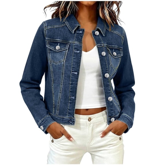Women's Denim Jackets Solid Color Lapel Button Down Soft Stretch Jean Jacket