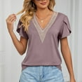 thumbnail image 4 of JWZUY Womens Crochet Lace V Neck Tops Solid Tunic Petal Sleeve Tees Shirts Blouse Short Sleeve Chiffon Elegant Tshirt Summer 2023 Pink S, 4 of 8