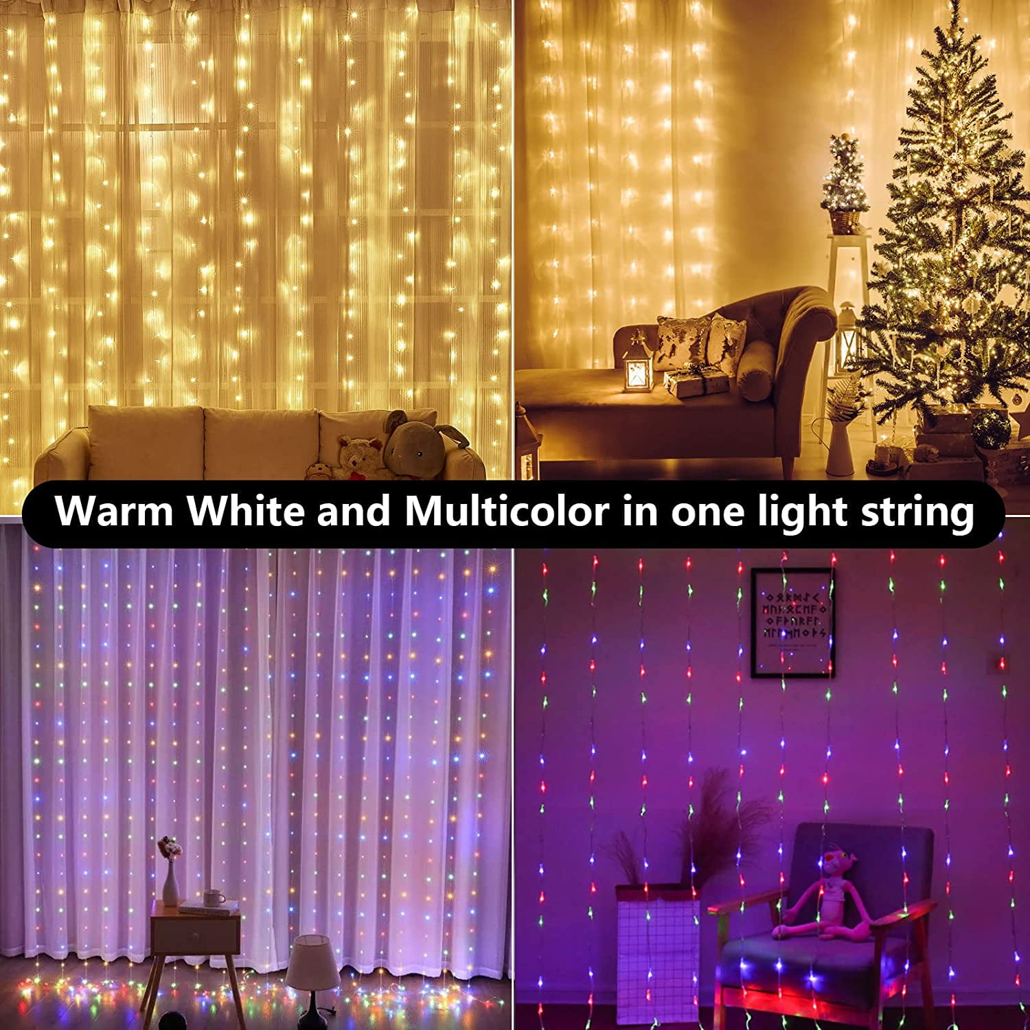 Curtain String Lights 11 Lighting Modes & Remote Tangle Free 9.8 x 9.8 FT 300 LED Color Changing Lights