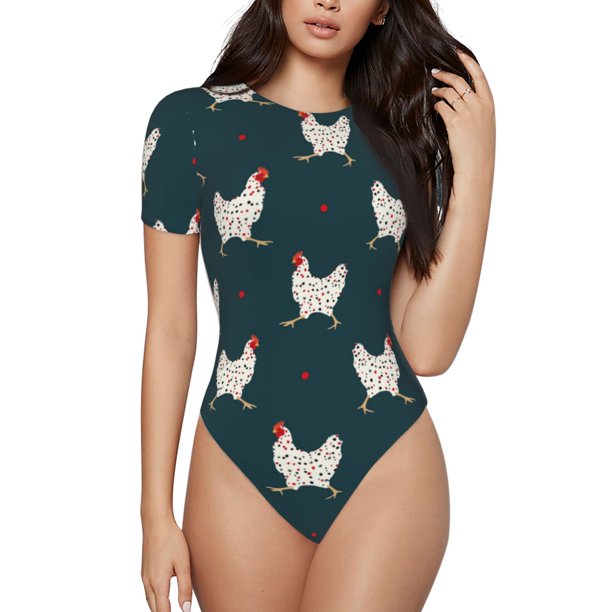 Balery Funny Chicken Body de cuello redondo de manga corta para mujer Tops de manga corta Tops básicos-Small