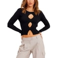 thumbnail image 2 of hirigin Women's Ribbed Knit Tops, Long Sleeve Round Neck Hollow Out Solid Color T-Shirts, 2 of 8