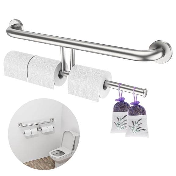 Brushed Nickel Handicap Grab Bars 24 Inch, Stainless Steel Bathroom Safety Grab Bar w/Toilet Paper Holder, Wall Mounted Tissue Paper Roll Holder, Assistance Toilet Shower Handle for Elderly Senior