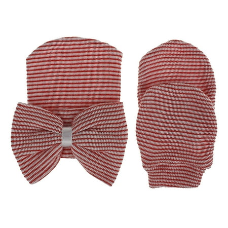 

TUOBARR Newborn Baby Girls Boys Striped Bownot Woolen Headgear Warm Hat Cap Knit Glove