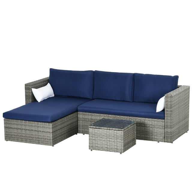 3-Piece Modern Wicker Patio Furniture Set with Navy Blue Cushions, Hand-Woven PE Rattan Sofa and Coffee Table, Reconfigurable Steel Frame Set for Backyard, Garden and Patio