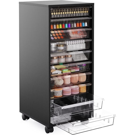Storage Drawer Cart, Mobile Storage Cabinet, Makeup Storage with 10 Large Clear Drawers, Utility Wooden Rolling Cart on Wheels, for Cosmetic, Art Craft, Office Supplies, Toy, Black