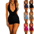 thumbnail image 7 of Women's Halter Deep V Neck Backless Polka Dot Romper Bodycon Short Party Jumpsuit Outfit, 7 of 7