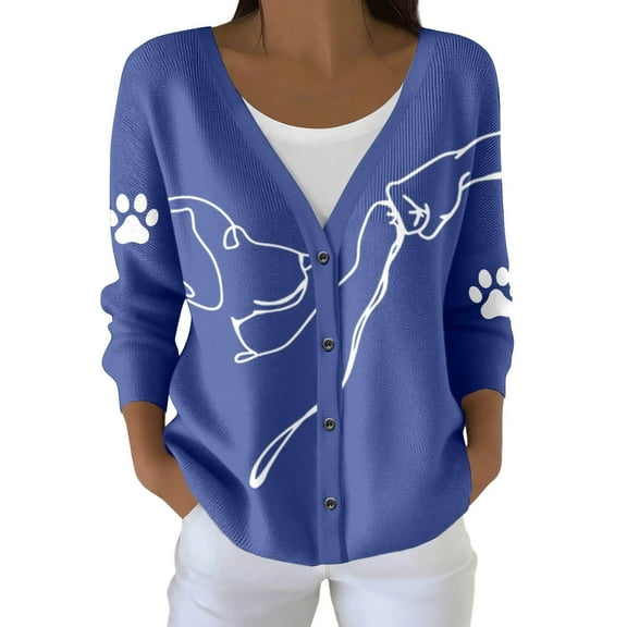 Cnbwig Women's Cardigans Lightweight Casual Long Sleeve Knit Button Front v Neck Floral Cat Printed Cardigan Sweaters for Women Blue L
