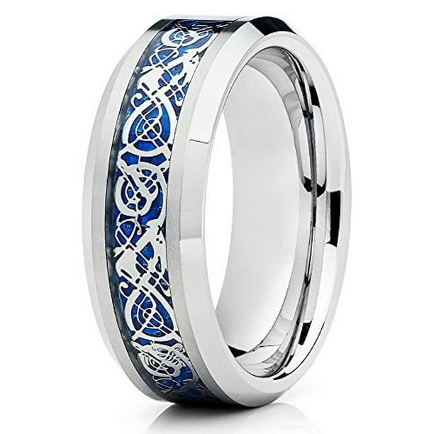 Silly Kings - Tungsten Wedding Band Silver Polish Tungsten Ring Blue ...