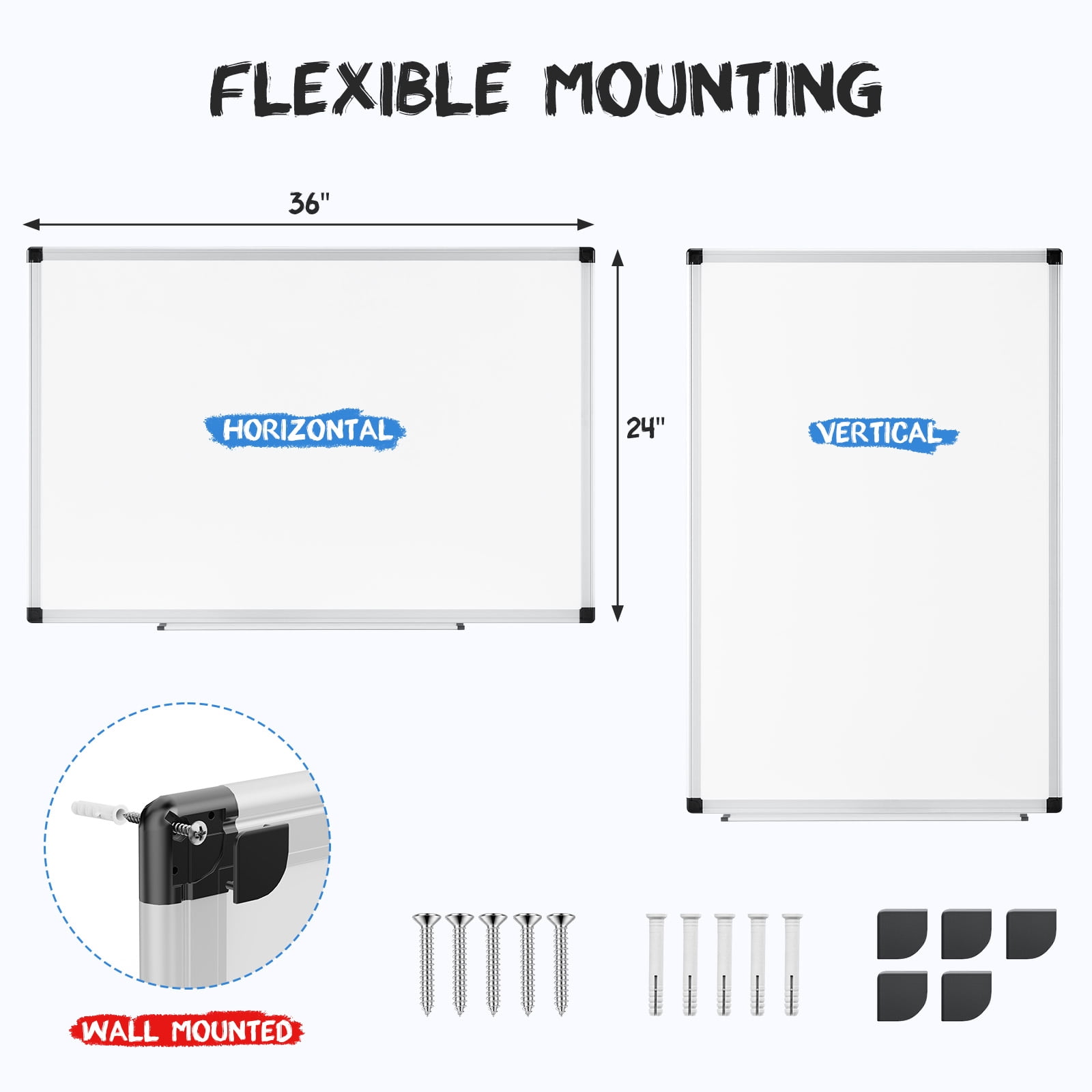 MCQ Magnetic Dry Erase Board: 36 x 24 Inches, Dual Mounting Options, Left and Right Removable Pen Tray, Silver Aluminium Frame, White
