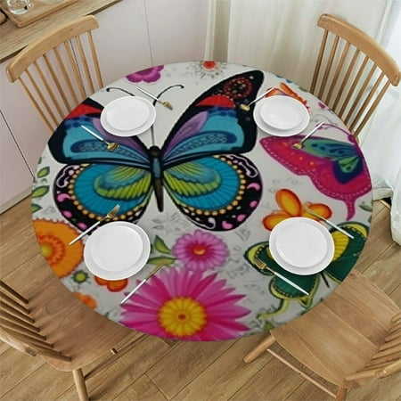 

PALNKART Butterfly Flowers Pattern Round Table Cover Stain Resistant Washable Indoor Outdoor Tablecloth Kitchen Dining Wedding Parties Outdoor Fitted 100% Polyester Fiber 54 -58