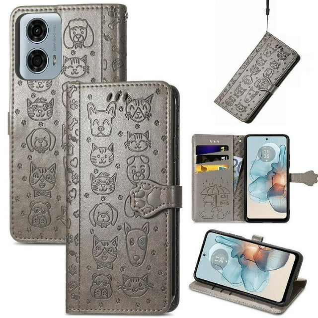Funda Cartera FOXDOCK para Motorola Moto G24 Power , Flip PU con Relieve de Gatos y Perros, Tarjetero y Soporte