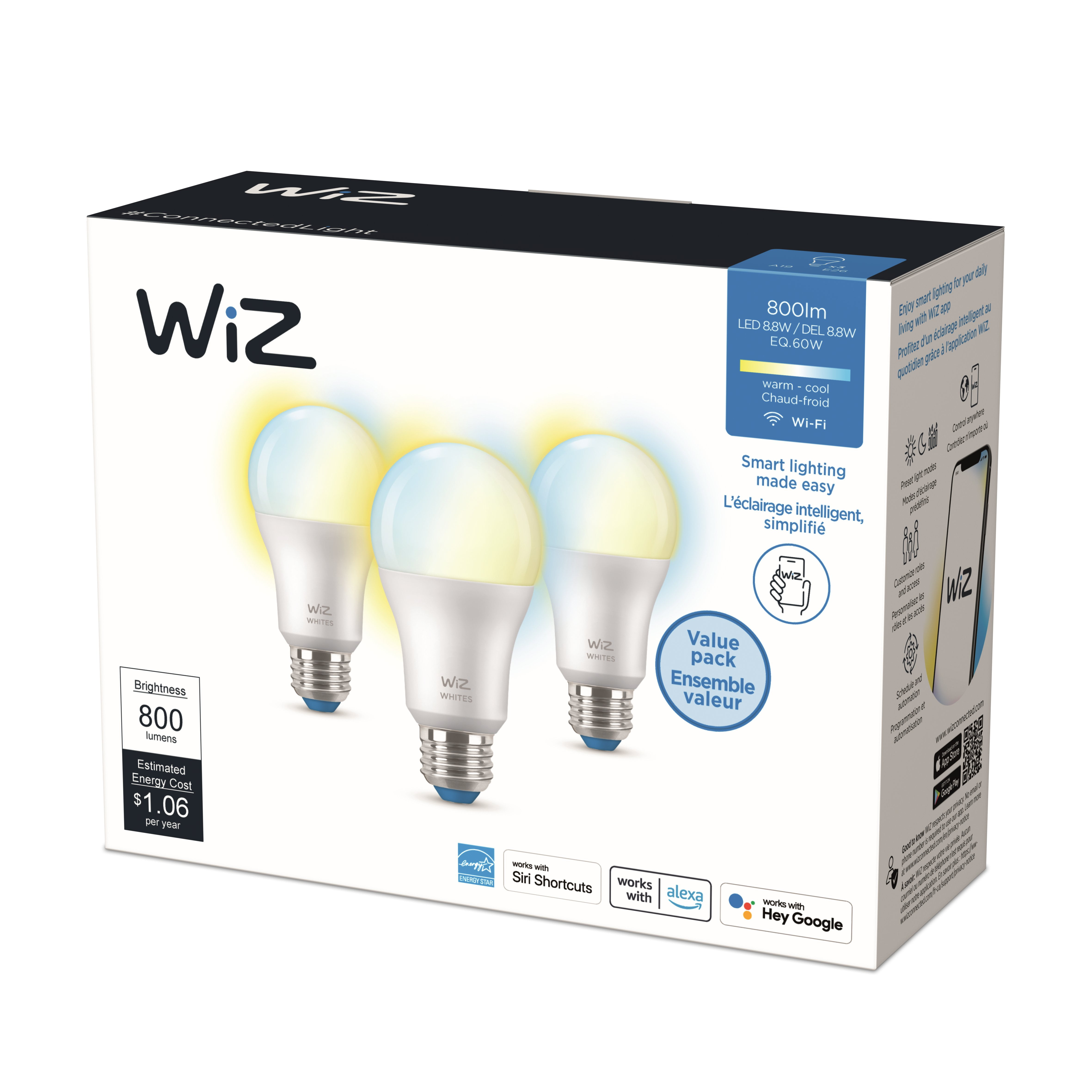 WiZ Smart Wi-Fi Connected LED 60-Watt A19 Light Bulb, Tunable White, E26 Medium Base (3-Pack)