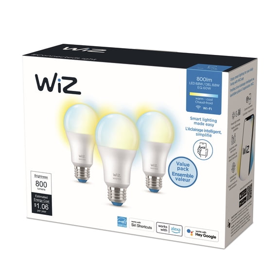 WiZ Smart Wi-Fi Connected LED 60-Watt A19 Light Bulb, Tunable White, E26 Medium Base (3-Pack)