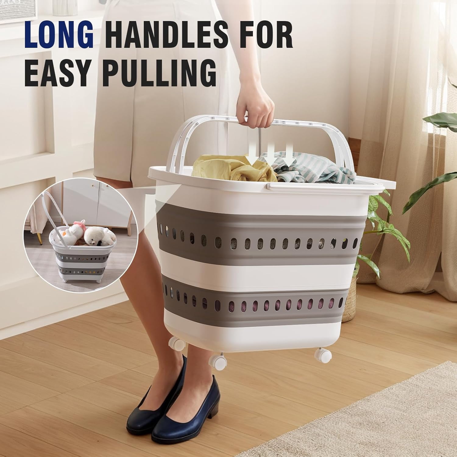 Collapsible Laundry Basket with Wheels 45L Portable Hamper for Clothes Storage and Organization Grey