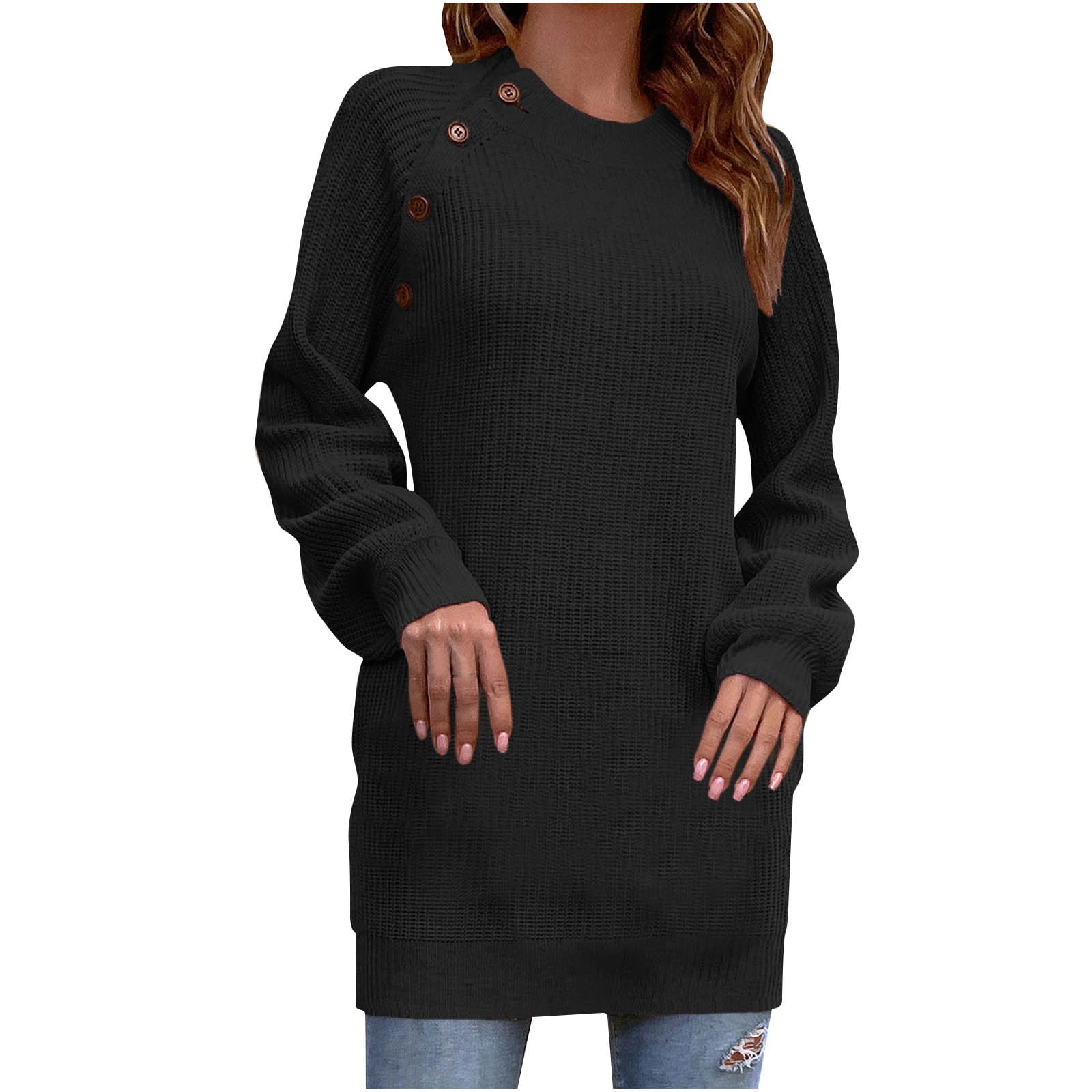Long Sleeve Sweater Dress Womens Fashion Autumn Winter Solid Color Button  Crew Neck Sweater Long Sleeve Pocket Dress - Walmart.ca