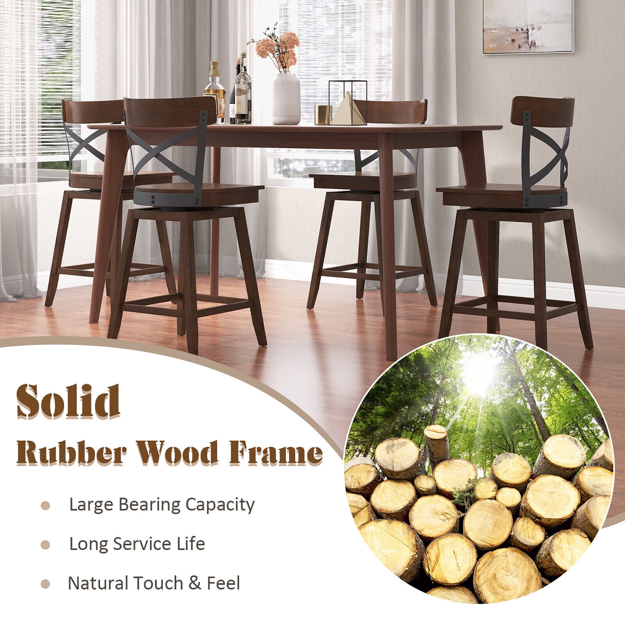 Gymax Set of 4 Wooden Swivel Bar Stools Counter Height Kitchen Chairs w/ Back Brown