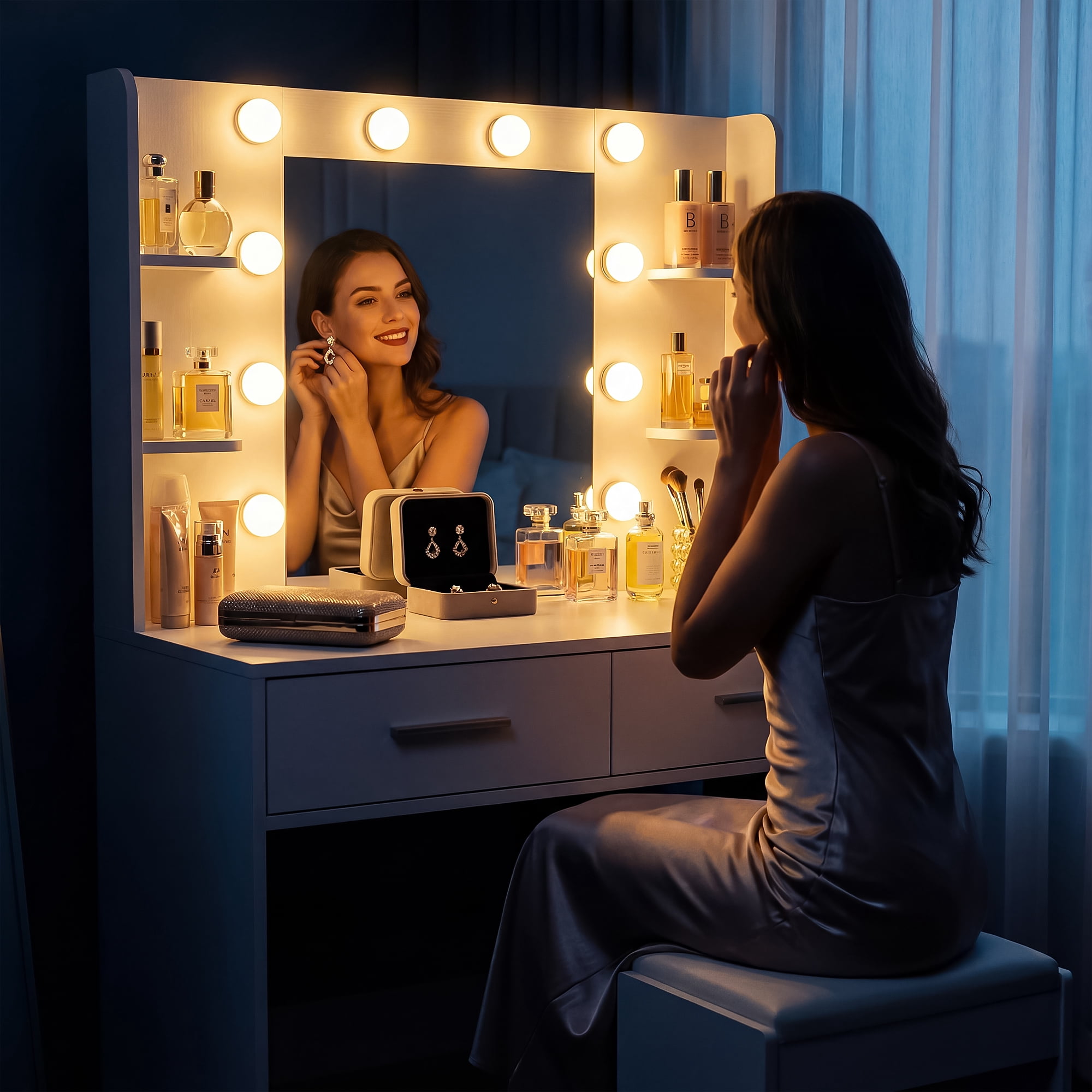 Homall Makeup Vanity Set with Mirror & 3 Modes Lights, Vanity Desk with Storage Drawers & Shelves, Vanity Table with Power Outlet for Bedroom Dressing Room, White