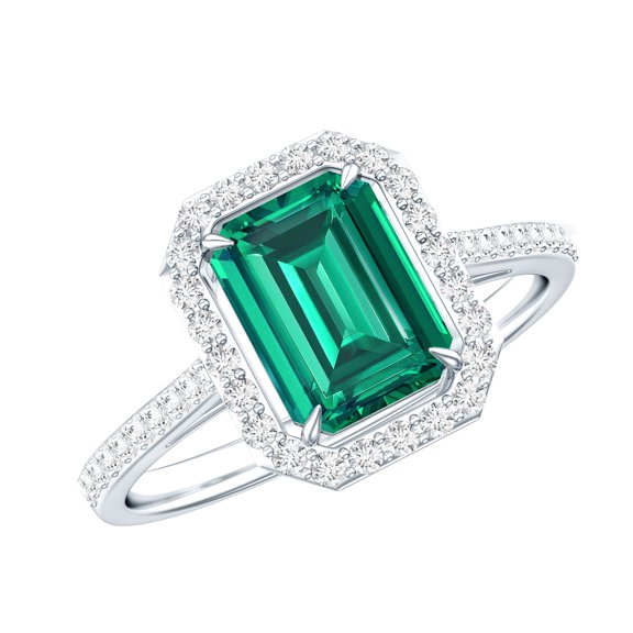 Rosec Jewels Certified Lab Grown Emerald Cut Emerald Engagement Ring with Halo - Statement Ring - AAAA Quality - with Jewelry Box, 925 Sterling Silver, US 4.00