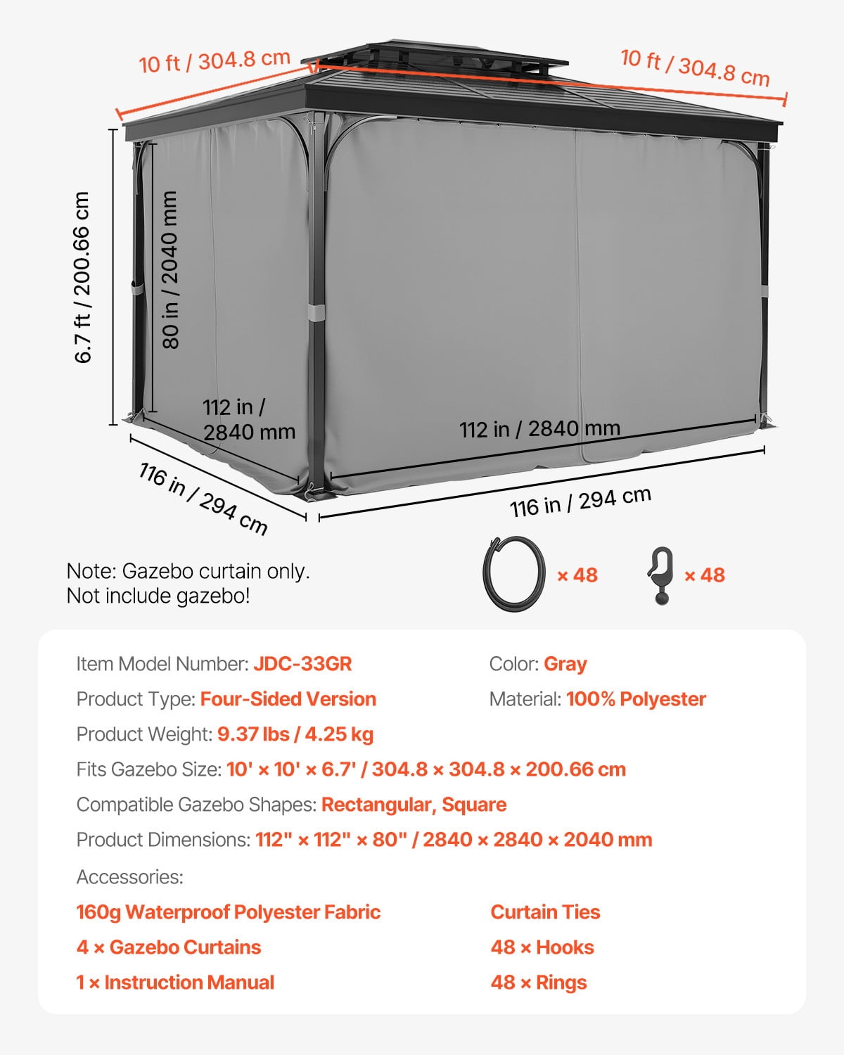 VEVOR Gazebo Curtains Outdoor, Fit Most 10' x 10' x 6.7' Gazebos, 4-Panel Sidewall Gazebo Privacy Curtains with Zippers, 6.7' Tall Outdoor Curtain Replacement for Patio Canopy, Only Curtain, Gray