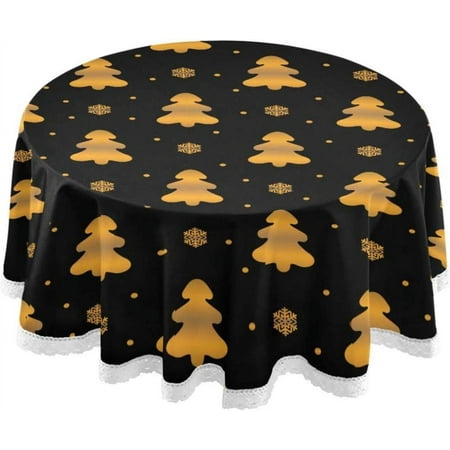 SKYSONIC 60" Gold Christmas Tree Round Table Cloth, Spill Proof Wrinkle-Free Oil-Proof Waterproof Microfiber Tablecloth for Kitchen Dinning Room Party Home Picnic, Diameter Table Cover