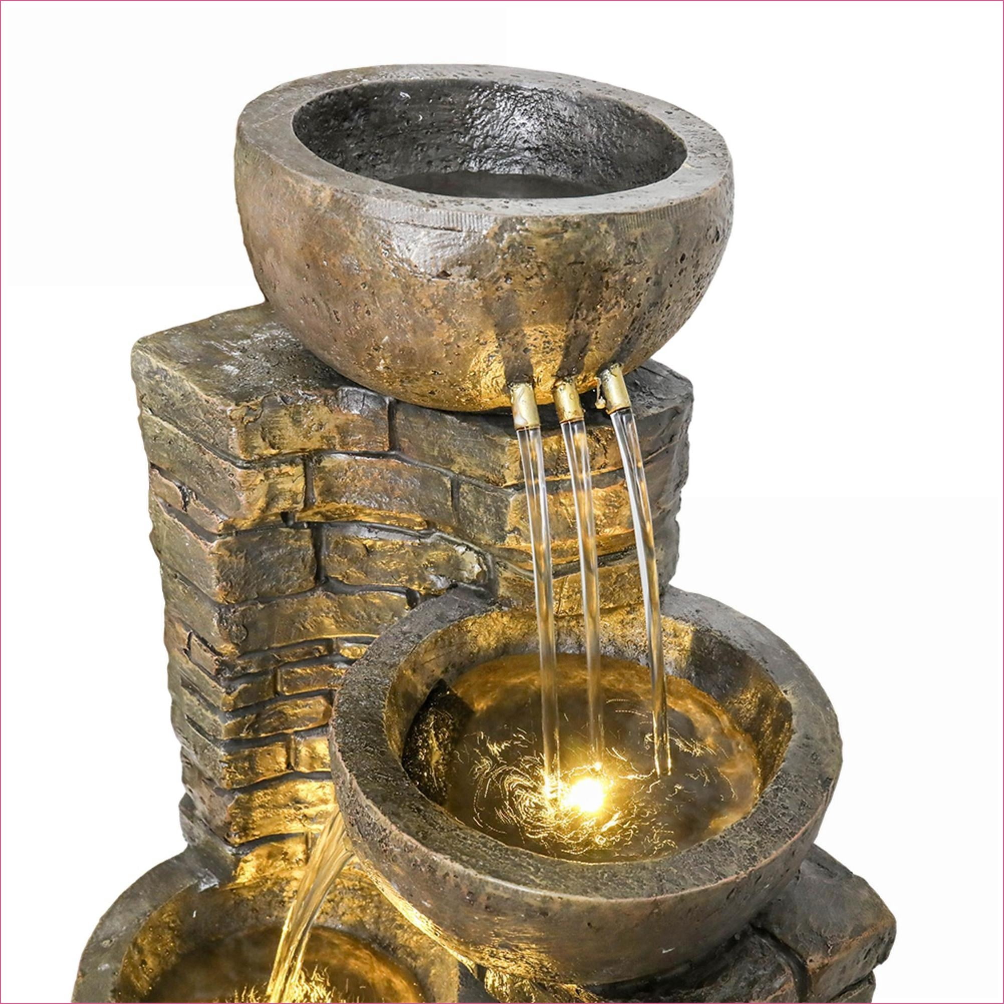 Fountains 38.2" H Outdoor Stacking Fountain for Garden Patio, with LED Lights & Built-in Pump | Resin | Walnut Brown