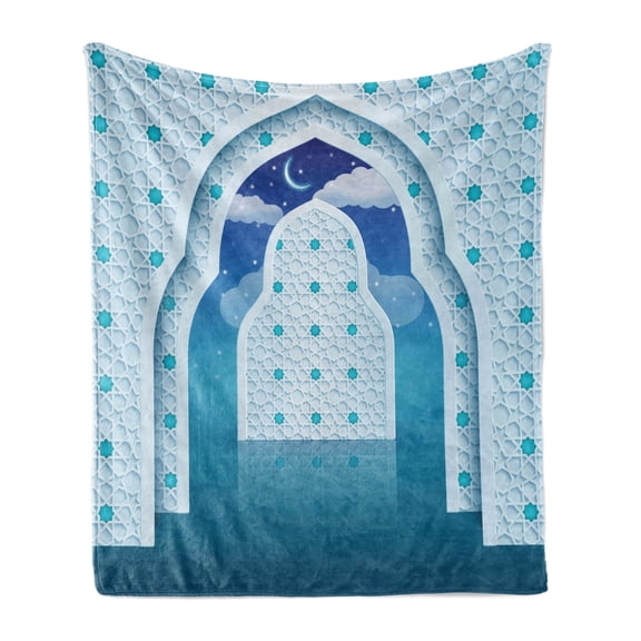 Moroccan Soft Flannel Fleece Throw Blanket, Textured Arch Door with Cloudy Star Sky Night Backdrop Monochrome Tone Print, Cozy Plush for Indoor and Outdoor Use, 50" x 60", Navy Blue, by Ambesonne