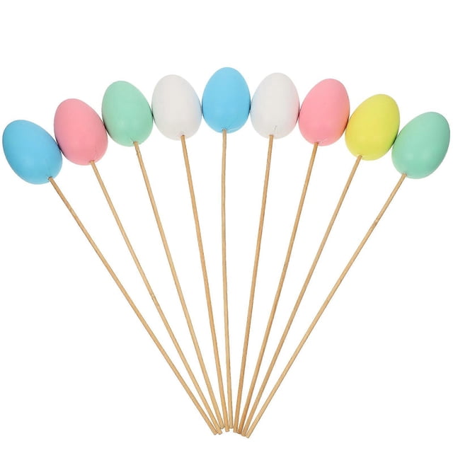 9pcs Easter DIY Egg Plastic Coloring Painted Easter Simulation Eggs with Sticks Decorations Kids Gifts Toys for Easter Home Party Favors (Mixed Color)