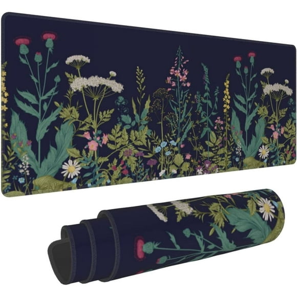 Flower Extended Gaming Mouse Pad Abstract Black Desk Mat 31.5x11.8 Inch Floral Texture Non-Slip Rubber Base Weeds Mousepad Stitched Edges Keyboard Mouse Mat Desk Pad for Office Home Game
