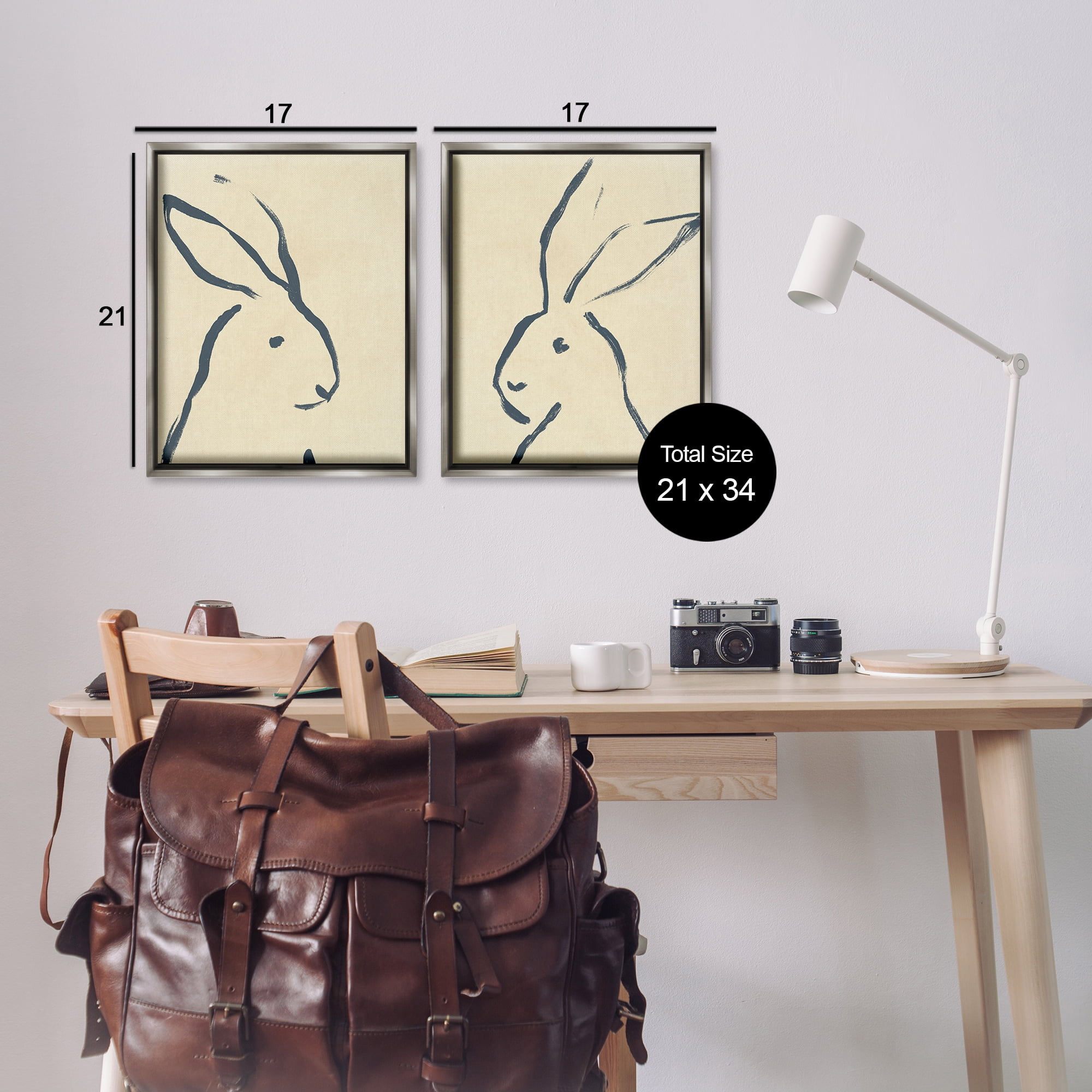 Stupell Industries Minimalist Rabbit Line Portrait Animals Drawing Gray Floater Framed Canvas Art Print Wall Art, 17 x 21, Set of 2